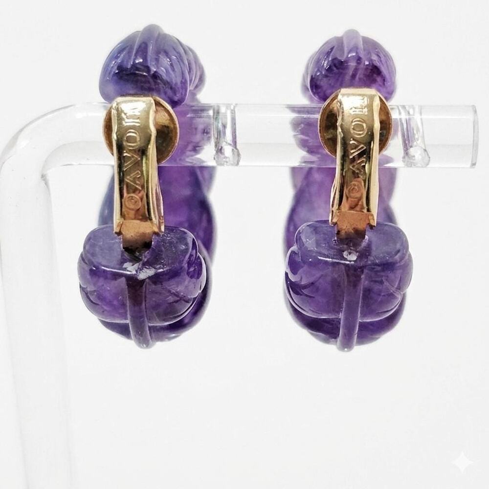 Vintage AVON Purple Carved Resin Hoops, Chunky Colorful Clip On Lucite Earrings - Picture 3 of 6